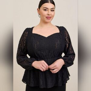 Torrid Plus Peplum Black Lace Puff Long Sleeve Top 3X Elegant Feminine